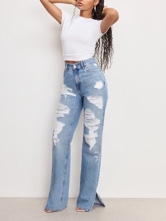 Good American Denim - Good American Light Blue Distressed Wide-Leg Jeans - Women